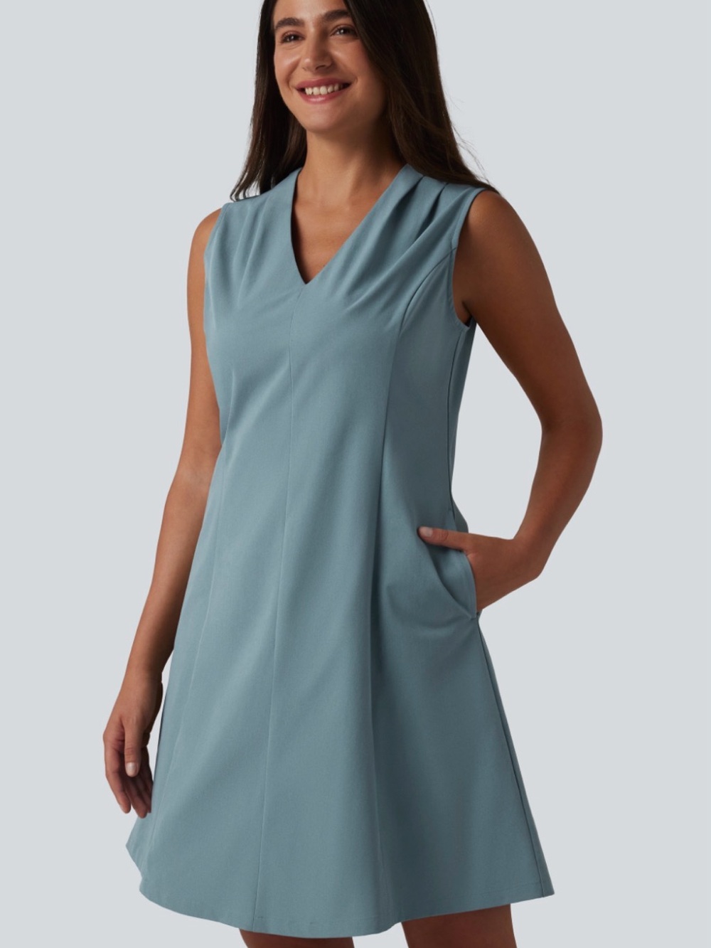 HALARA Sleeveless V-Neck A-Line Dress in Dusty Teal Blue